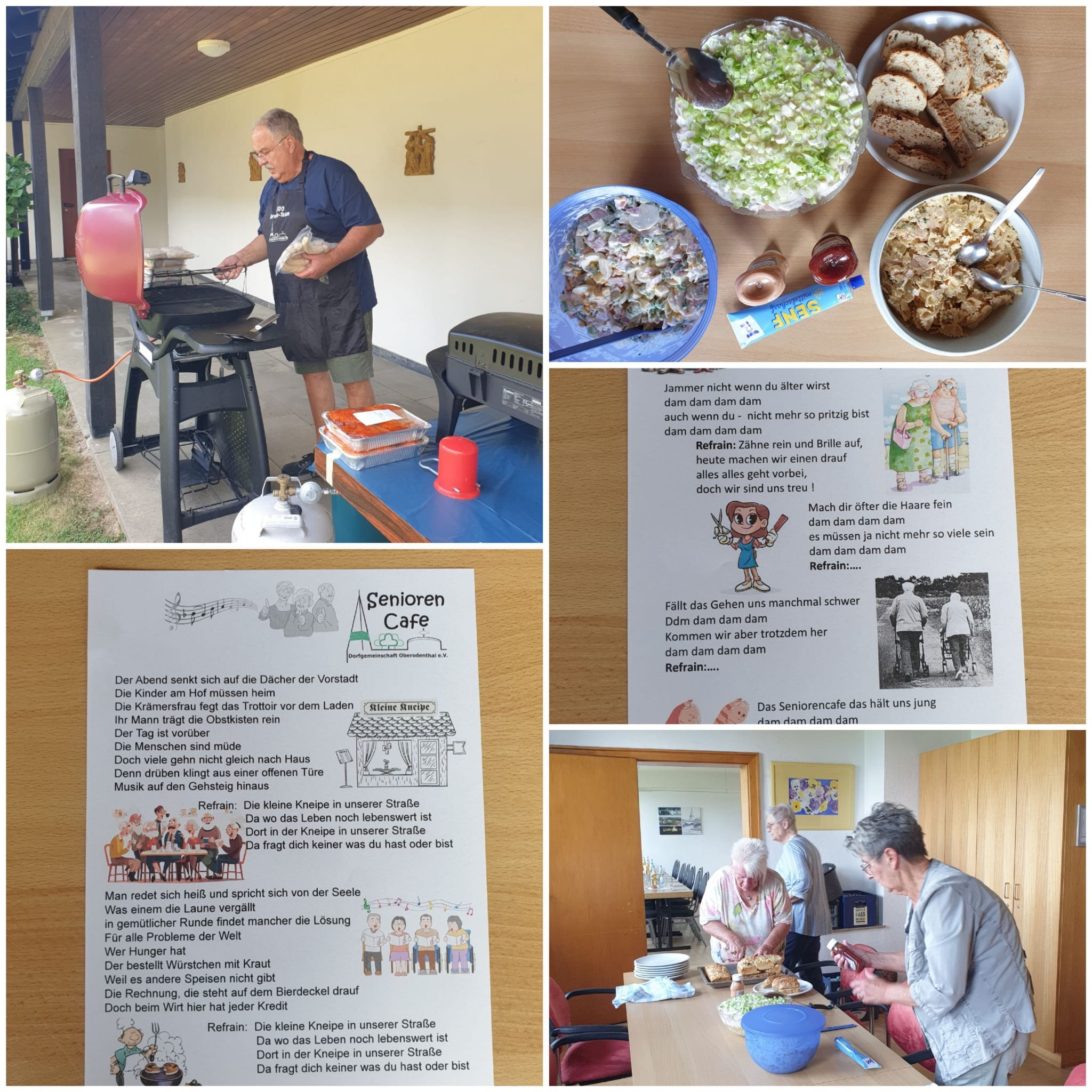 Eindrücke vom 3. Sommerfest des Seniorencafés: Grillmeister am Grill, Salatauswahl, Liedblätter und das Vorbereitungsteam